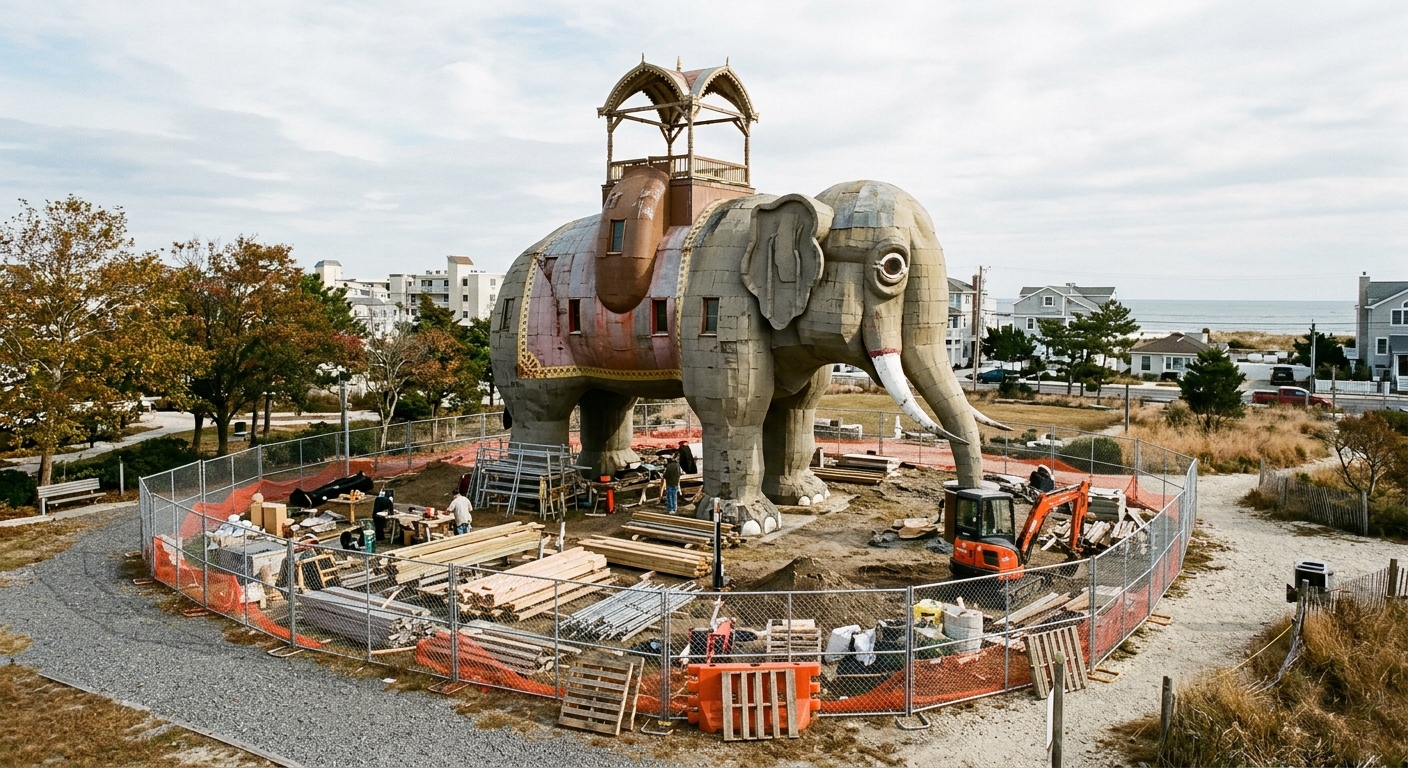 a large, multi-story historic wood and metal building shaped like a giant elephant, situated in a coastal town park, surrounded by temporary construction fencin