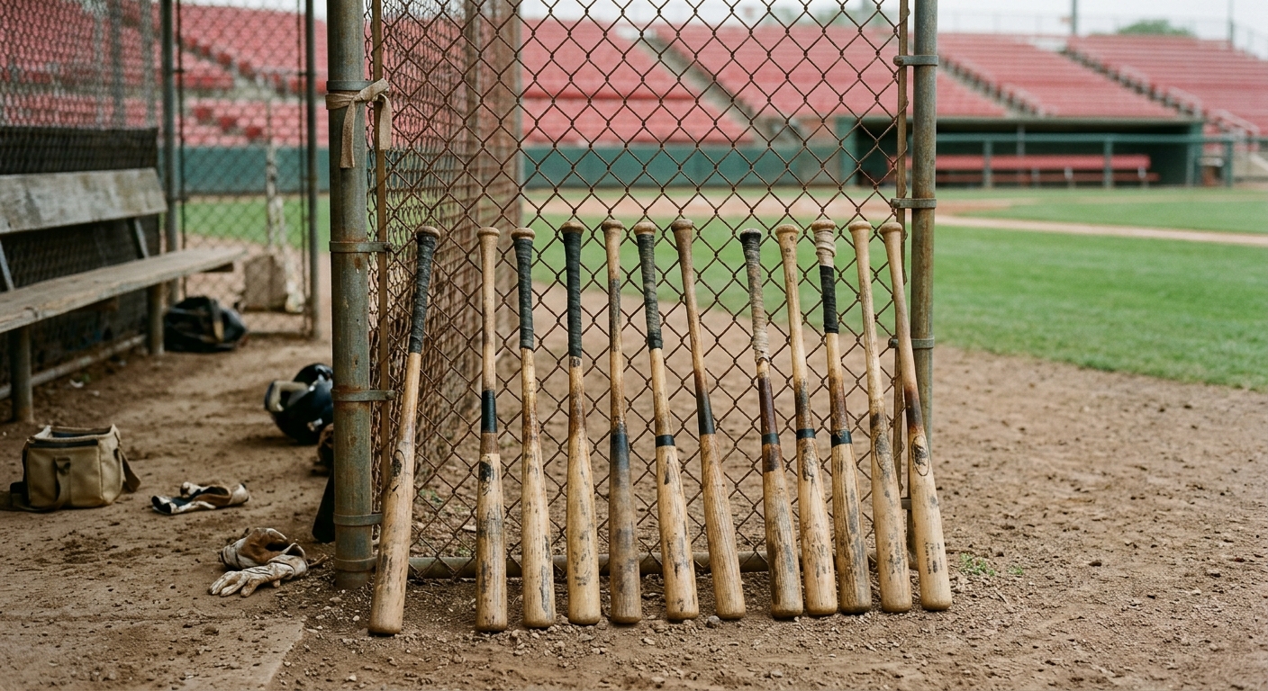 a row of well-worn wooden baseball bats leaning against a chain-link fence in a dirt dugout, with a slightly out-of-focus view of a grass baseball field and red