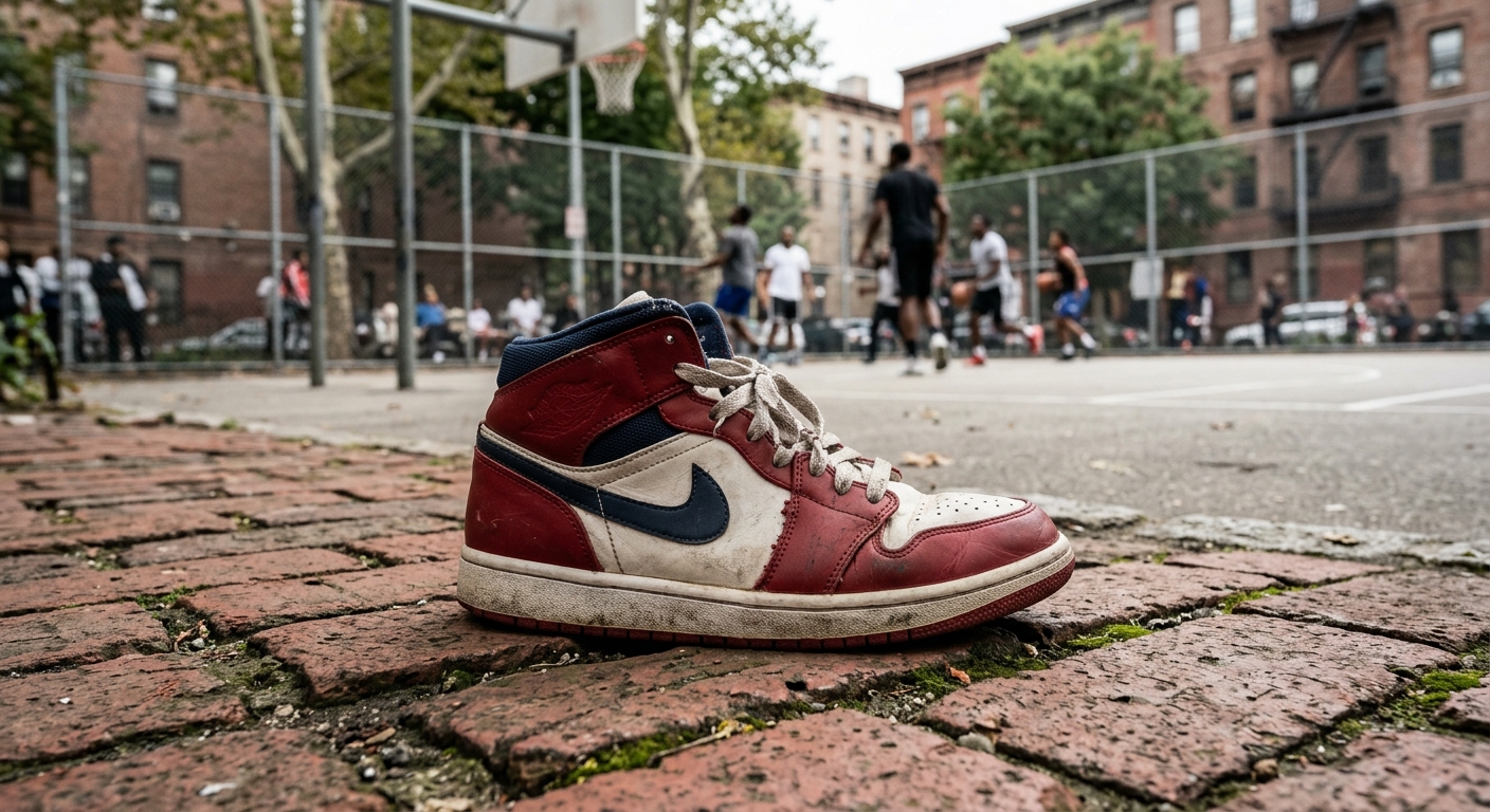 a red, white, and blue basketball sneaker resting on an old weathered red brick sidewalk near an outdoor urban basketball court, natural everyday lighting, shot