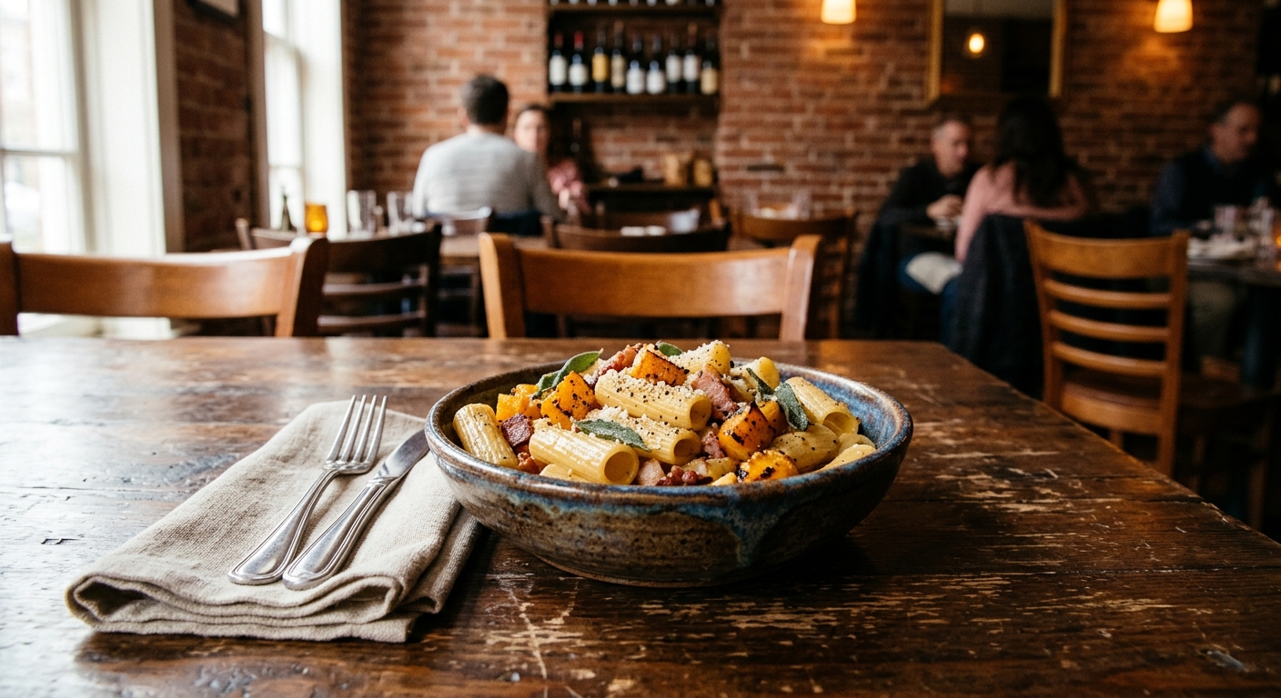 a rustic ceramic bowl filled with handmade rigatoni pasta, roasted butternut squash, and bacon, resting on a wooden dining table inside a cozy Italian restauran