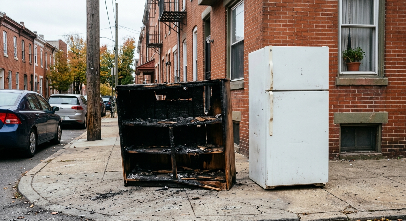 a charred, fire-damaged wooden shelving unit sitting on a concrete city sidewalk next to an intact standard white residential refrigerator, set against a backdr