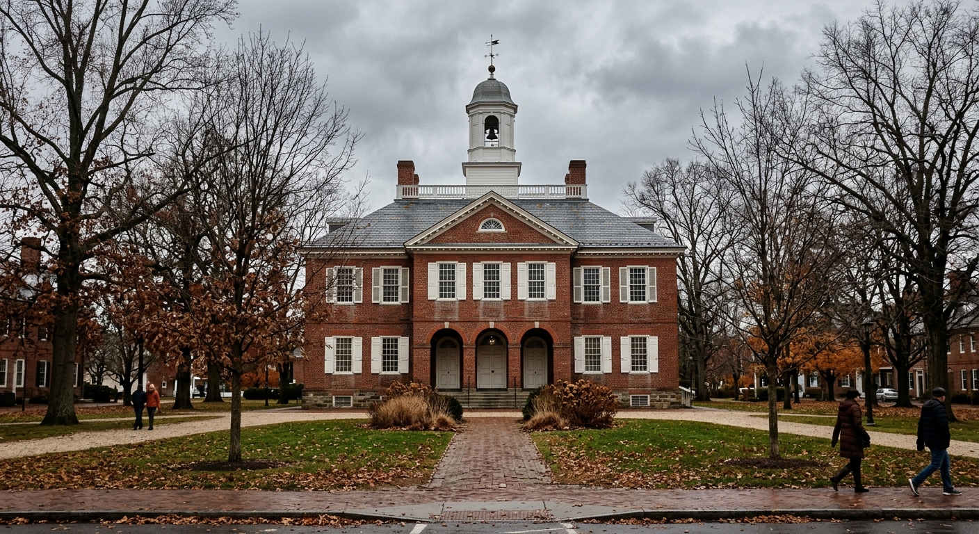 the exterior of a historic brick county courthouse with colonial-style architecture, surrounded by bare autumn trees on an overcast day, natural everyday lighti