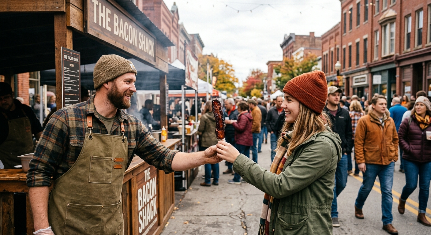 a food vendor at an outdoor autumn street festival handing a thick-cut bacon skewer to a customer, framed against historic brick downtown buildings and a blurre