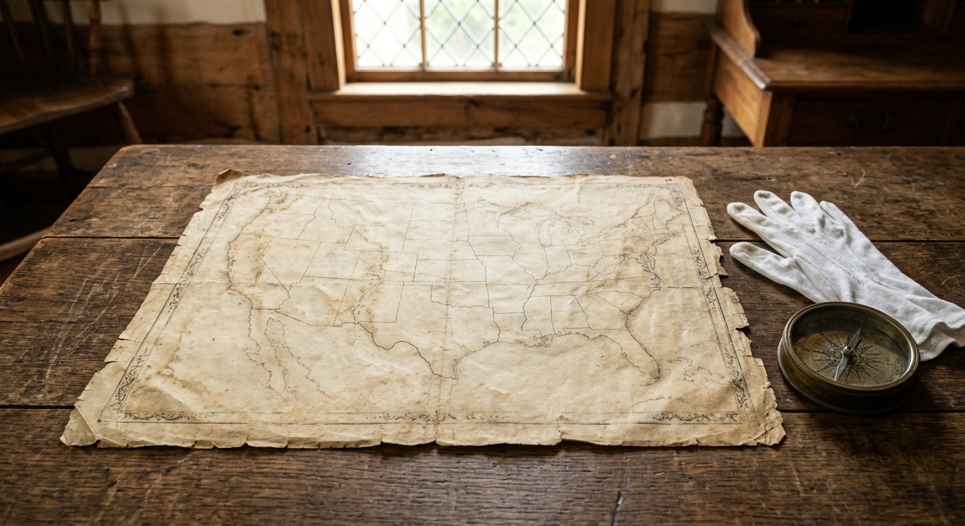 a fragile, yellowed antique parchment document showing faint faded ink borders and geographical boundary lines, resting flat on a sturdy wooden table next to wh