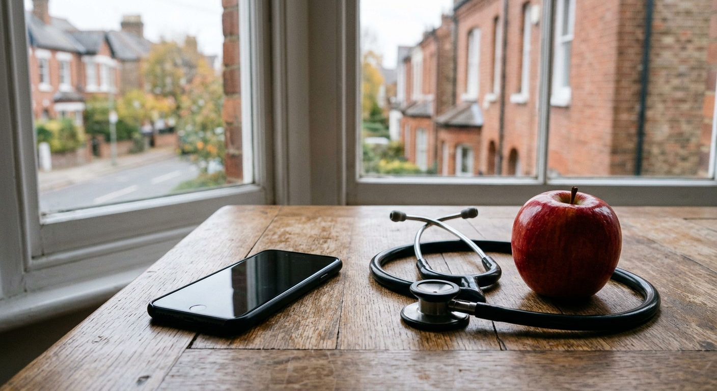 a smartphone resting on a wooden dining table beside a stethoscope and a fresh red apple, with a slightly blurred background view of a brick rowhouse street thr
