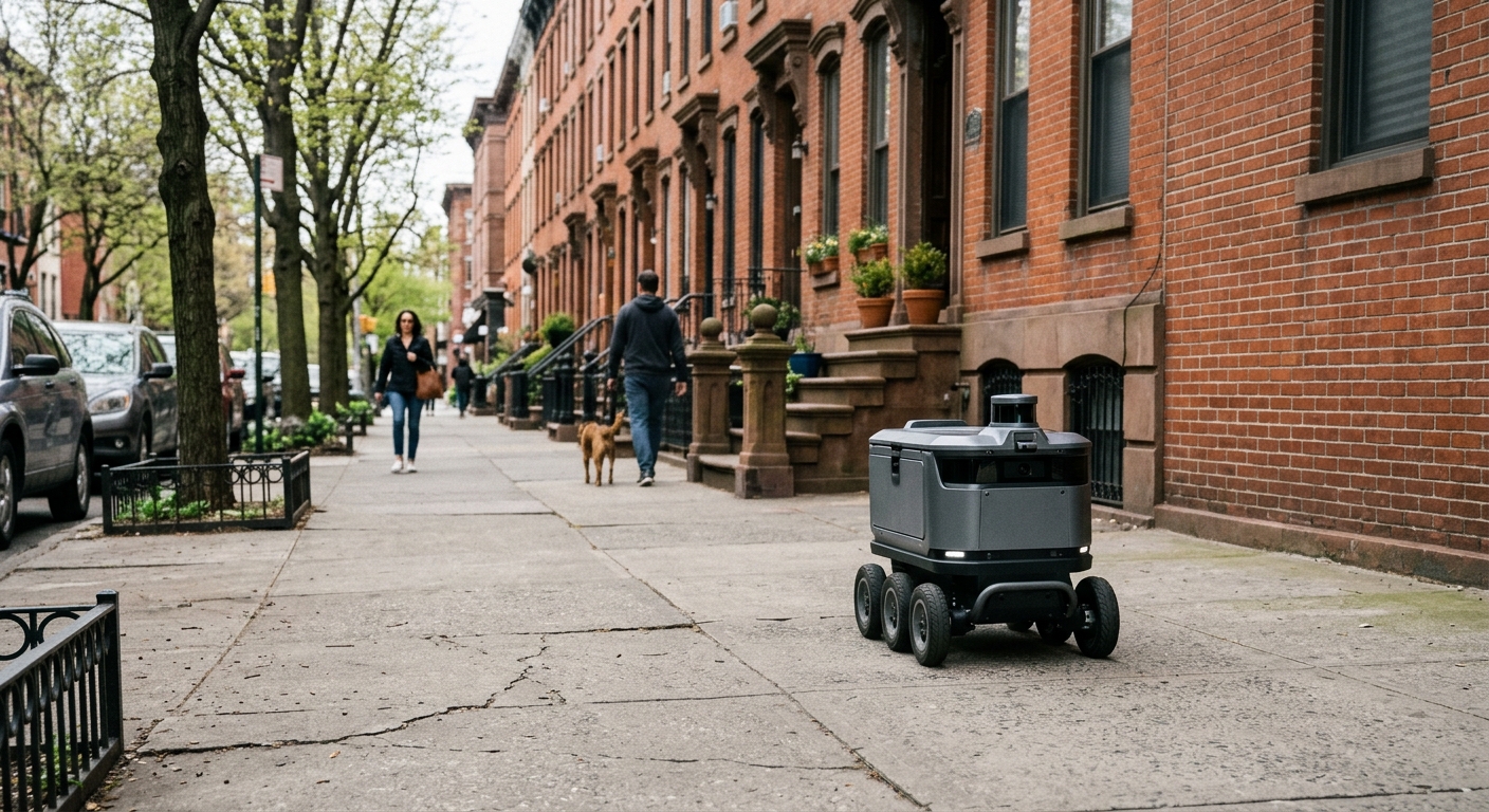 a small automated delivery robot rolling down a concrete city sidewalk past traditional brick rowhouses, natural everyday lighting, shot on a DSLR camera, sligh