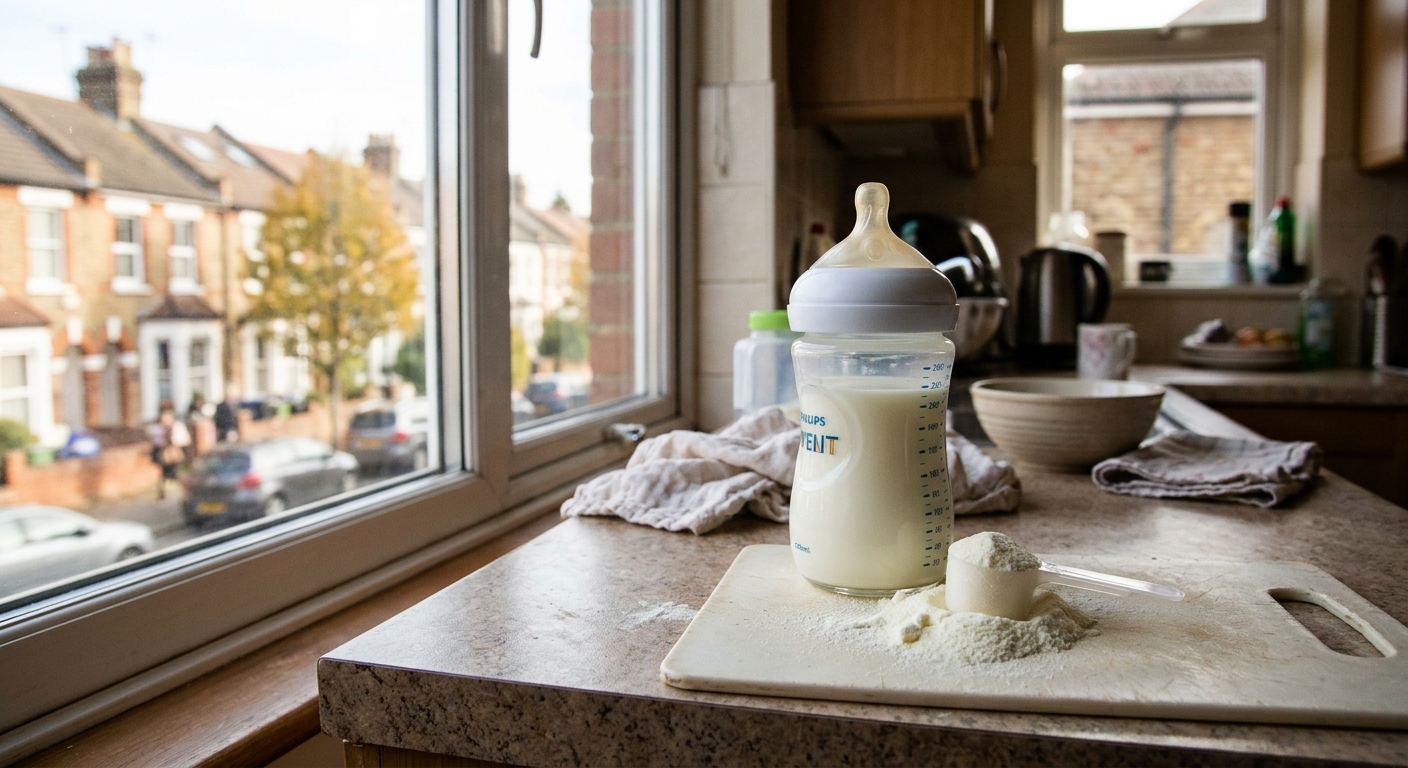 a clear baby bottle filled with white liquid sitting next to a small measuring scoop resting on a pile of white powder on a domestic kitchen counter, daylight f