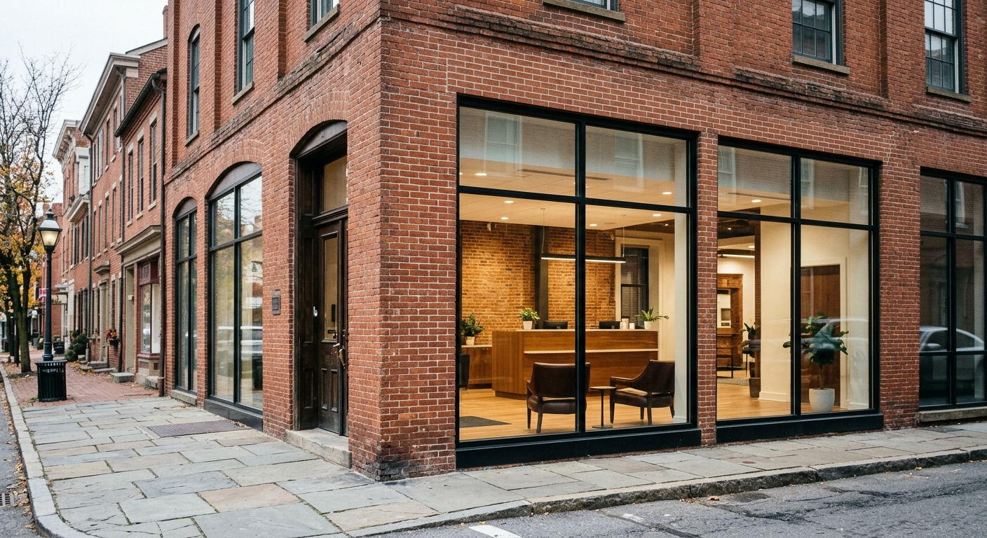 a classic red brick commercial building exterior on a Pennsylvania street, featuring large clean glass windows revealing a modern banking office interior with a